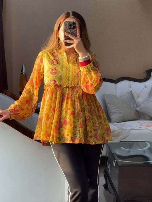 Kaaya Yellow Flared Kurti (Women)